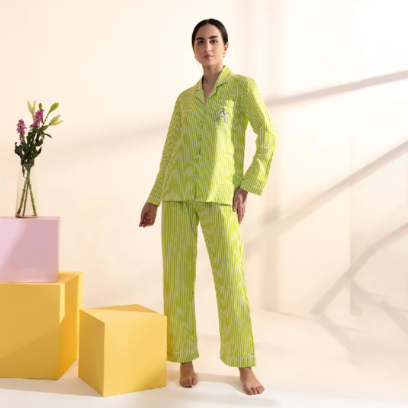 Applemint Embroidered Cotton Notched Collar Pyjama Set