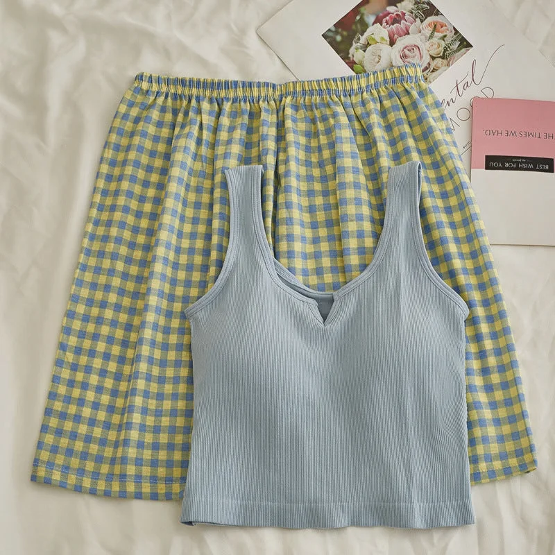 Comfy Padded Tank Shorts Set / Blue Top + Green Gingham