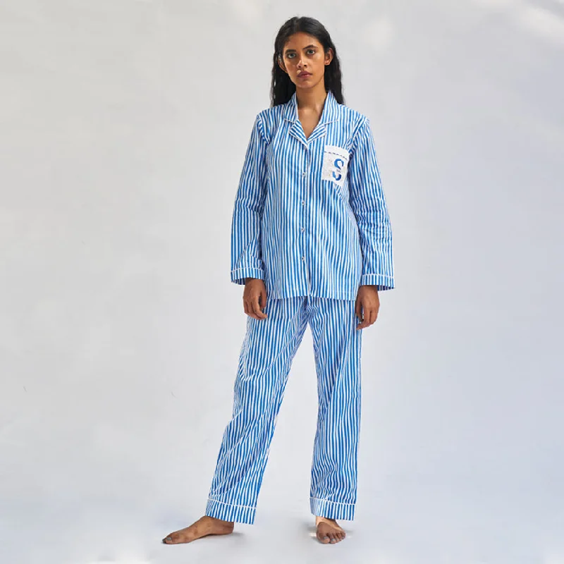 Floaty Sky Embroidered Cotton Notched Collar Pyjama Set