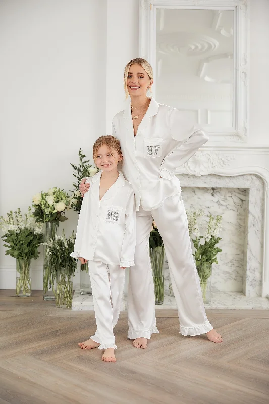 Personalised Luxury Satin Frill Long Sleeve Pyjama Set With Initial Letter Embellishment - White