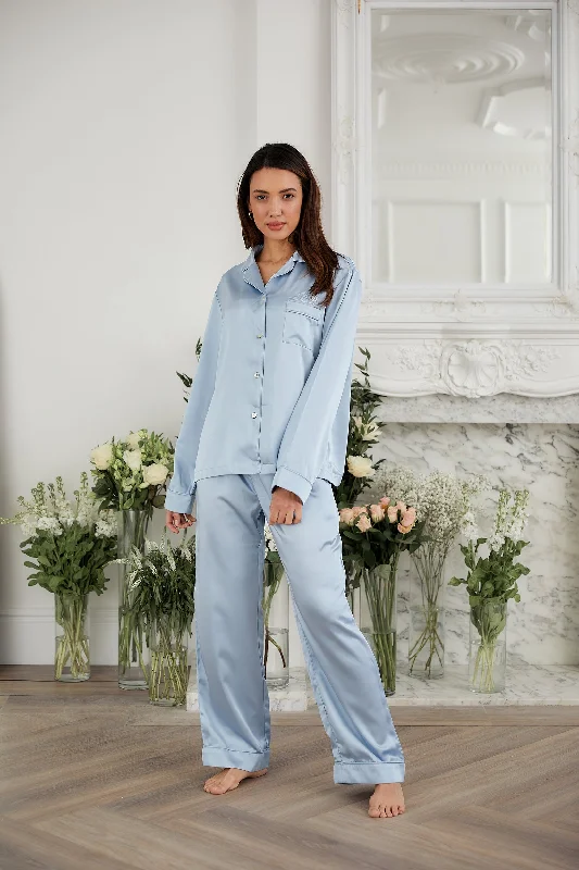 Personalised Luxury Satin Long Sleeve Pyjama Set - Sky Blue