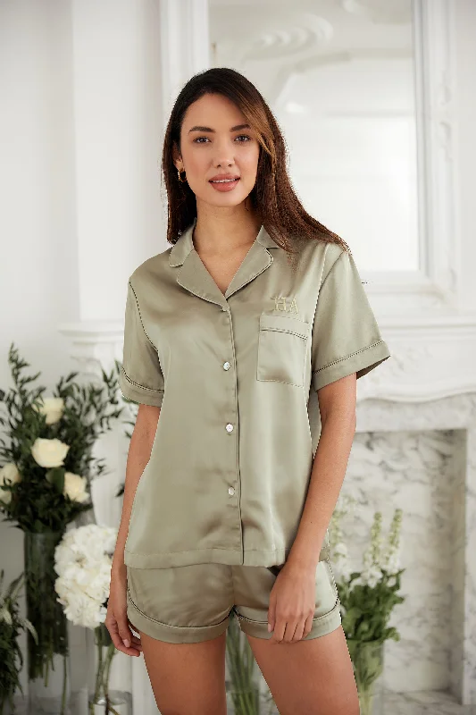 Personalised Luxury Satin Short Sleeve Pyjama Set - Sage Green