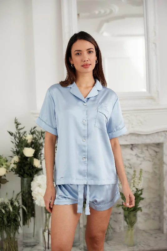 Personalised Luxury Satin Short Sleeve Pyjama Set - Sky Blue