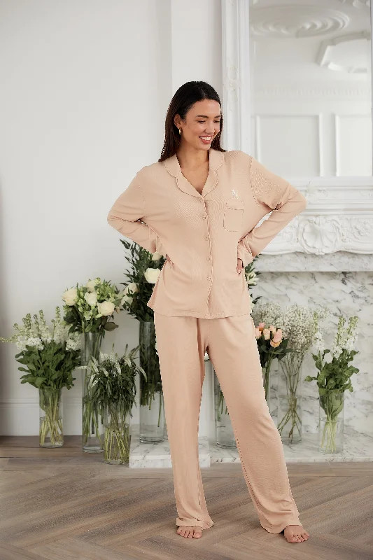 Personalised Ribbed Long Sleeve Pyjama Set - Sand