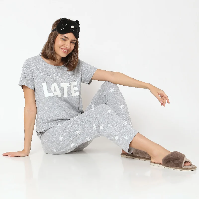 Regular Fit Printed T-shirt with Pyjama Sleepwear Set