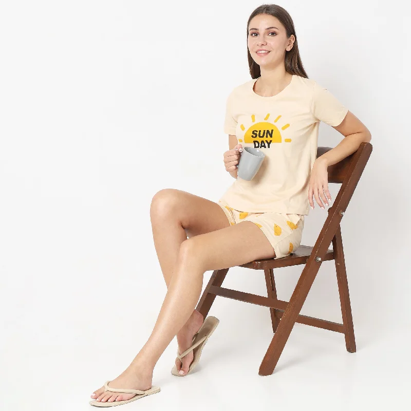 Regular Fit Printed T-shirt with Shorts Sleepwear Set