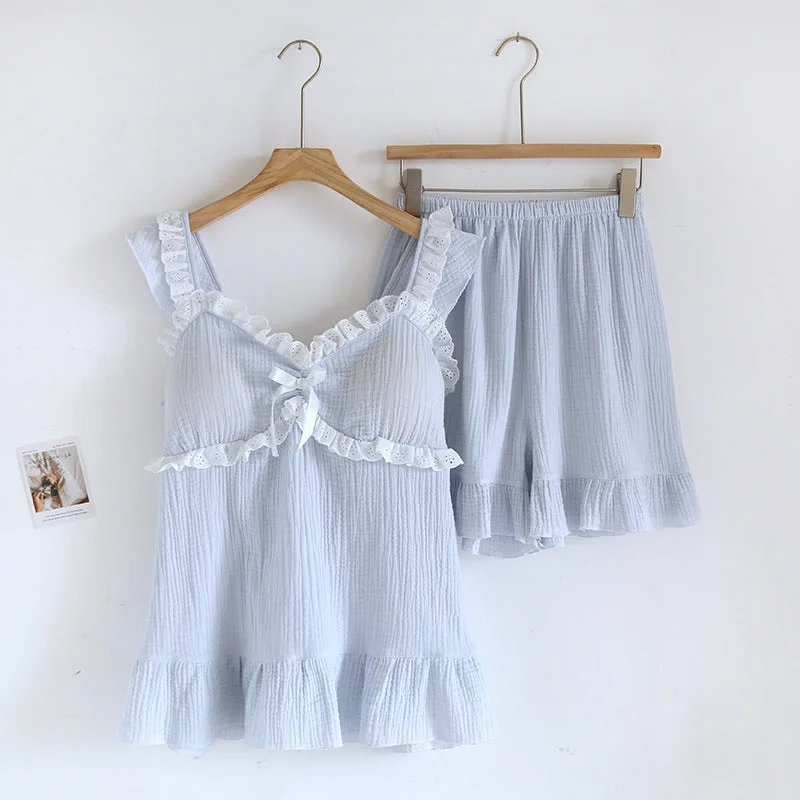 Sweet Ruffle Shorts Pajama Set / Blue