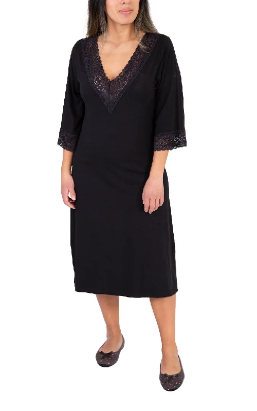 Victorias Linen 50% Bamboo 50% Cotton Nightgown with 3/4 Sleeve in Black Bridgette