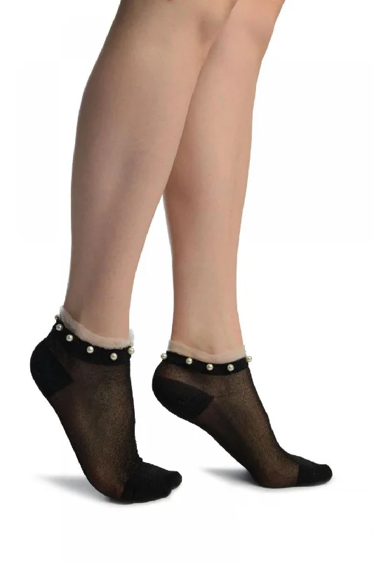 Black With Black Lurex, Pearls & Frills Top Footsies Socks