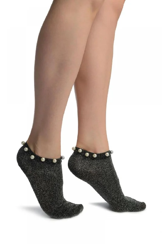 Black With Silver Lurex & Pearls Footsies Socks