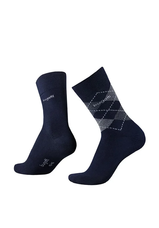 Bugatti 2 Pack Argyle Comfort Top Socks, Navy