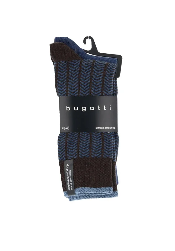 Bugatti 2 Pack Herringbone Comfort Top Socks, Blue & Brown