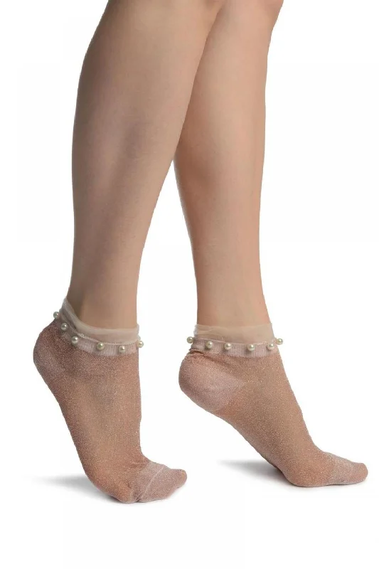 Dust Pink With Lurex, Pearls & Frills Top Footsies Socks