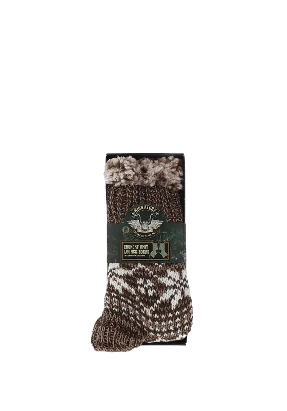 Brandwell Chunky Knit Lounge Socks with Non-Slip Grips, Brown