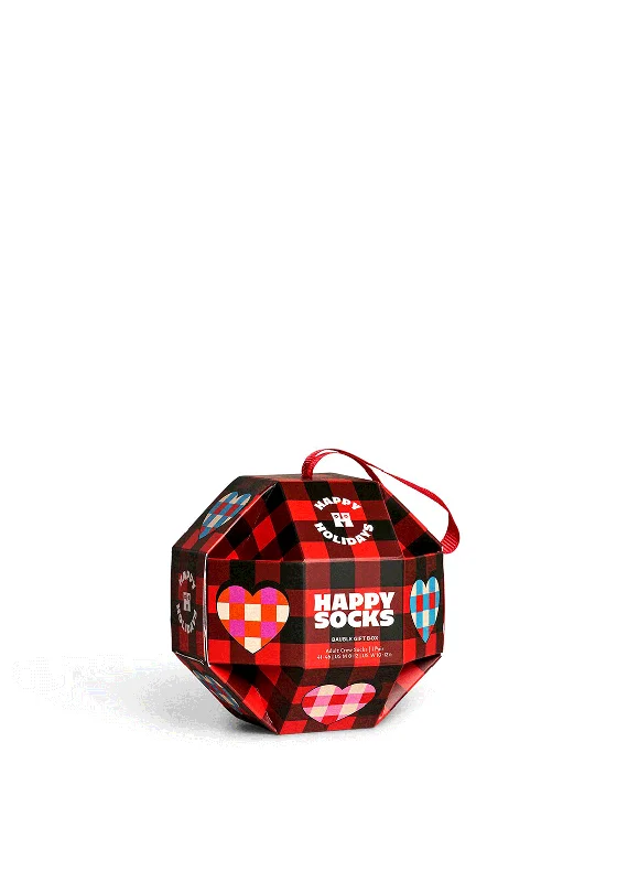 Happy Socks Tartan Hearts Socks Bauble Gift Box, Red Multi UK7.5-11.5