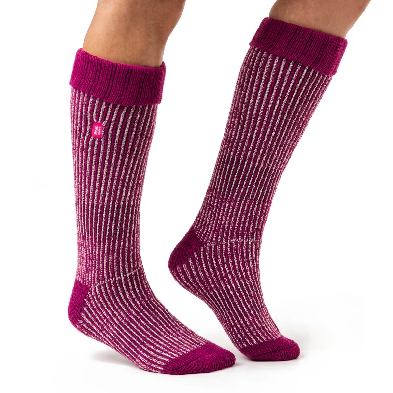 Ladies Original Begonia Long Boot Socks With Turnover Top - Berry & Light Pink