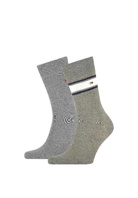 Tommy Hilfiger 2 Pack Signature Tape Logo Socks, Olive & Grey