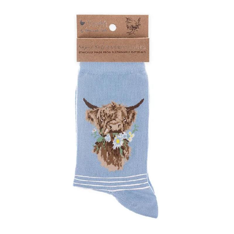 Women's Bamboo Socks - SOCK002 - Daisy Highland Cow - Blue